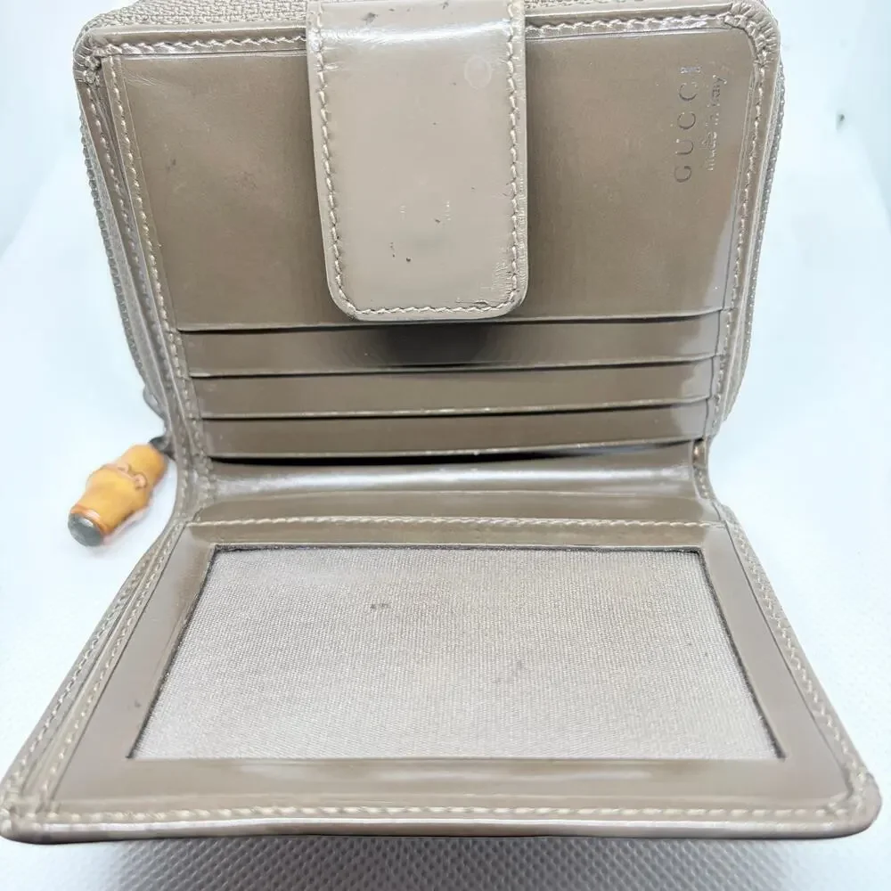 Gucci Bamboo Compact Zip Around Bifold Wallet Taupe Patent Leather